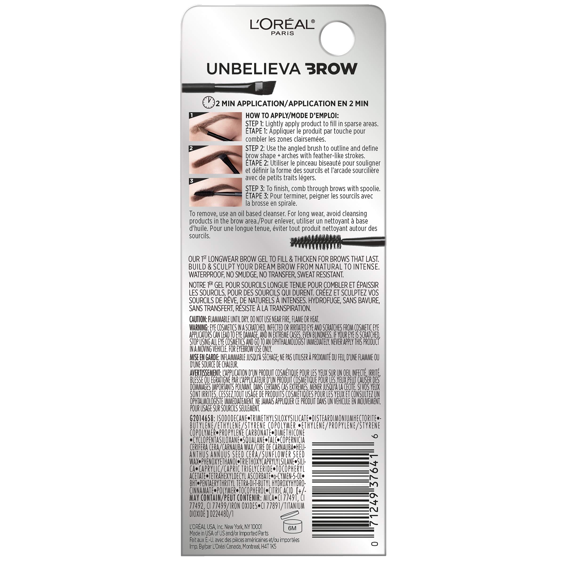 L'Oreal Paris Unbelieva-Brow Longwear Waterproof Tinted Brow Gel, Smudge-resistant, Transfer- Proof, Quick Drying, Easy and quick application with precise brush, Dark Brunette, 0.15 fl. oz.